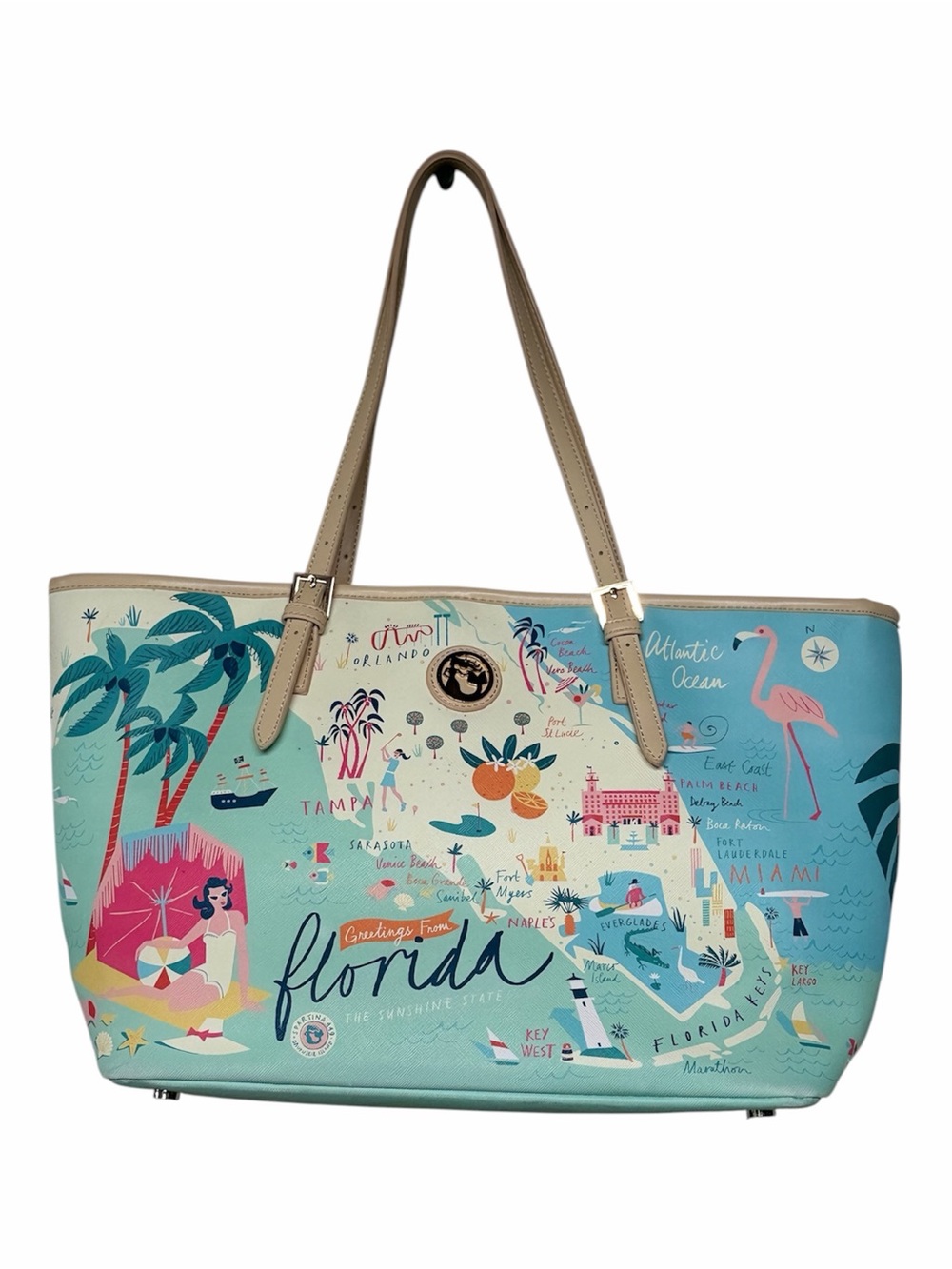 Spartina 449 Aqua Florida Map Tote with Tan Straps- Excellent condition - Picture 1 of 15